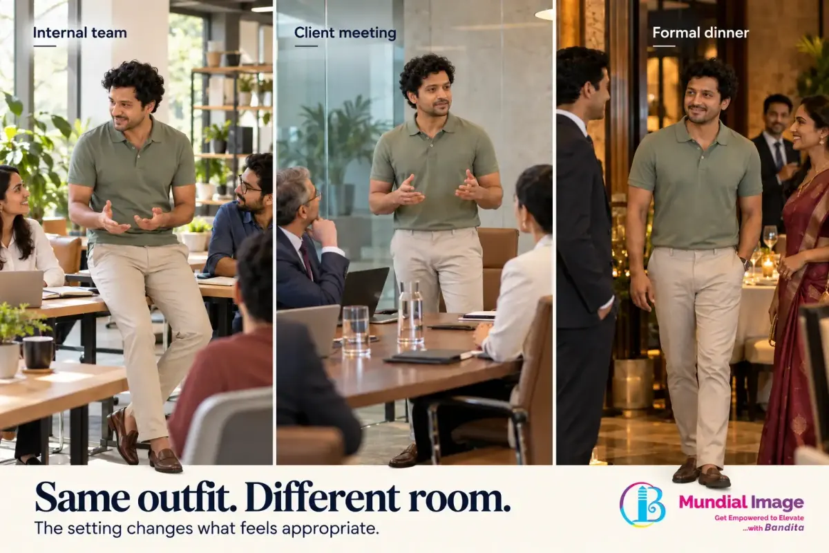 The same man in a sage polo and stone chinos appears in an internal office meeting, client presentation and formal business dinner.