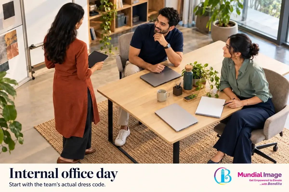 Indian startup colleagues in a kurta, polo and shirt discuss work around a pale wood table.