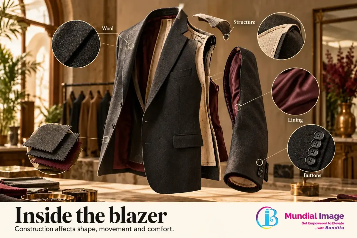 Exploded charcoal blazer reveals wool, shoulder structure, burgundy lining and cuff buttons with detail callouts.