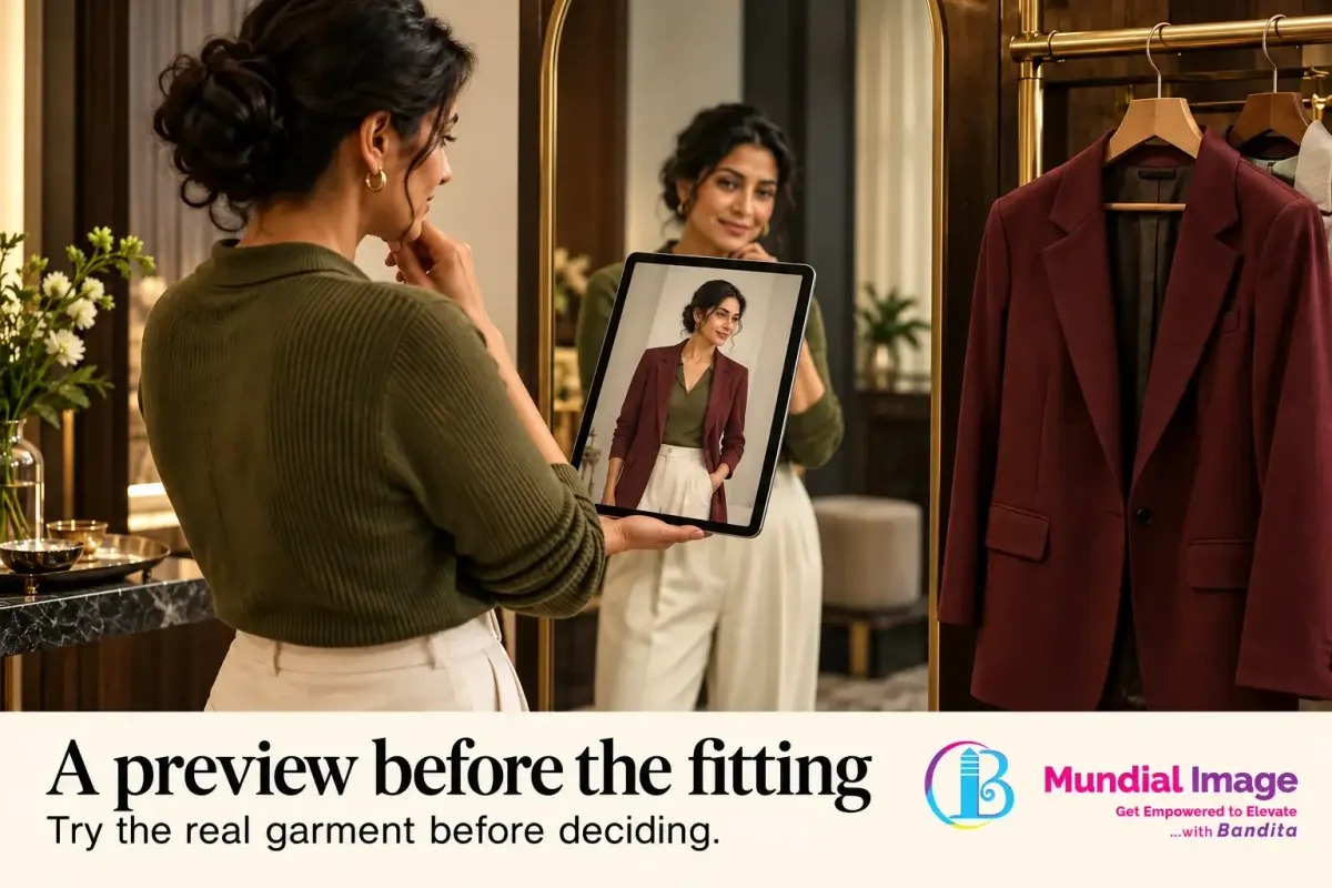 Woman compares a conceptual virtual try-on preview with an actual oxblood blazer beside a mirror.