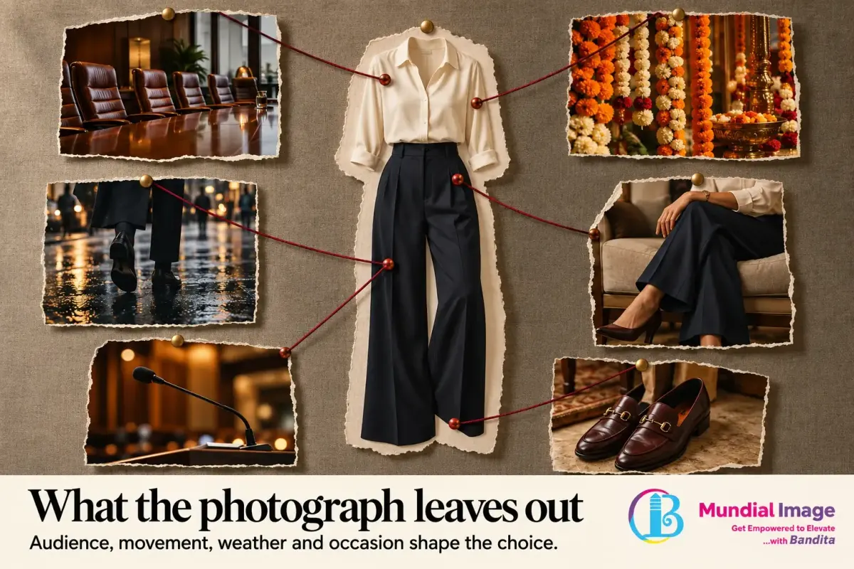 Photo mind map connects a blouse and trousers to a meeting room, wedding, wet pavement, seated fit, microphone and shoes.