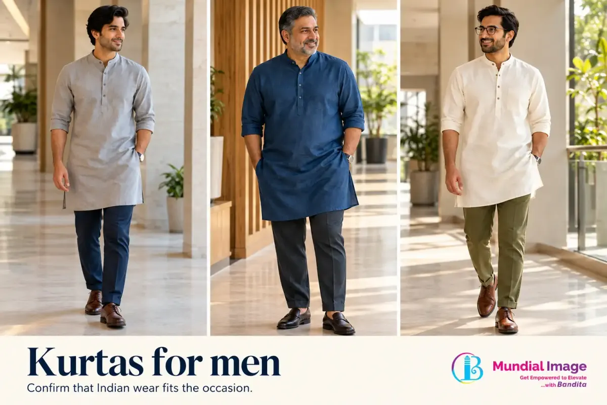 Three men show simple stone, indigo and ivory kurta combinations with trousers and closed shoes.