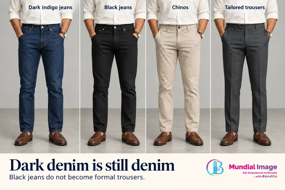 Four lower-body views compare dark indigo jeans, black jeans, stone chinos and charcoal tailored trousers.