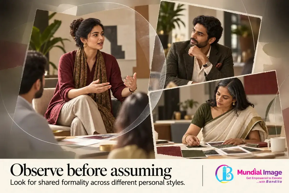 Paper collage compares a kurta, jacket and saree worn in professional conversations.