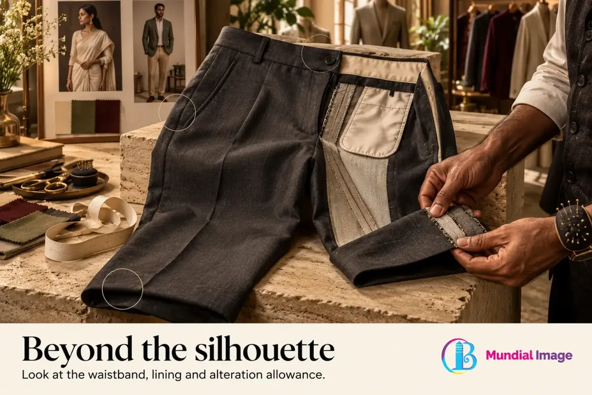 Tailored trousers reveal their waistband, inner construction and hem allowance during inspection.