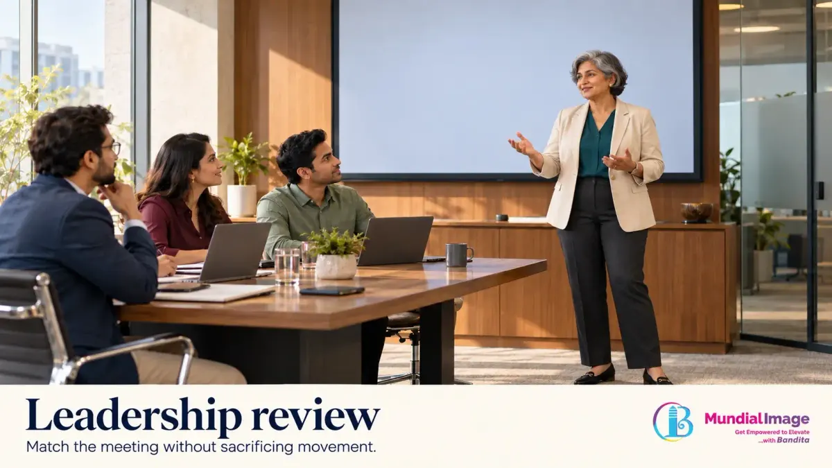 A mature Indian woman in a blazer and tailored trousers leads a review meeting with colleagues.