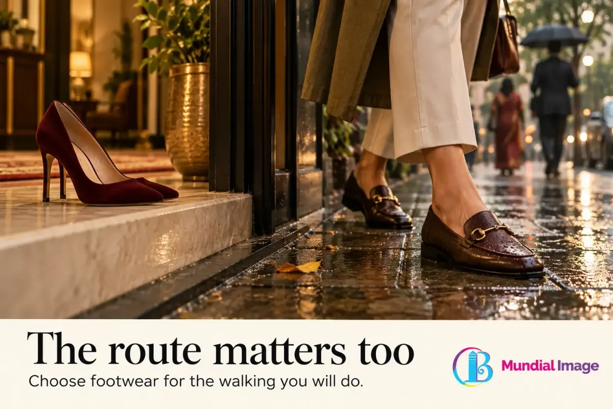 Leather loafers step onto a wet city pavement beside heels left on an indoor ledge.