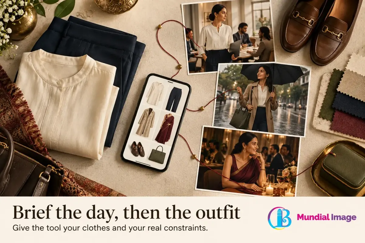 Clothes, shoes, a garment screen and photographs of meetings, rain and dinner form a visual styling brief.